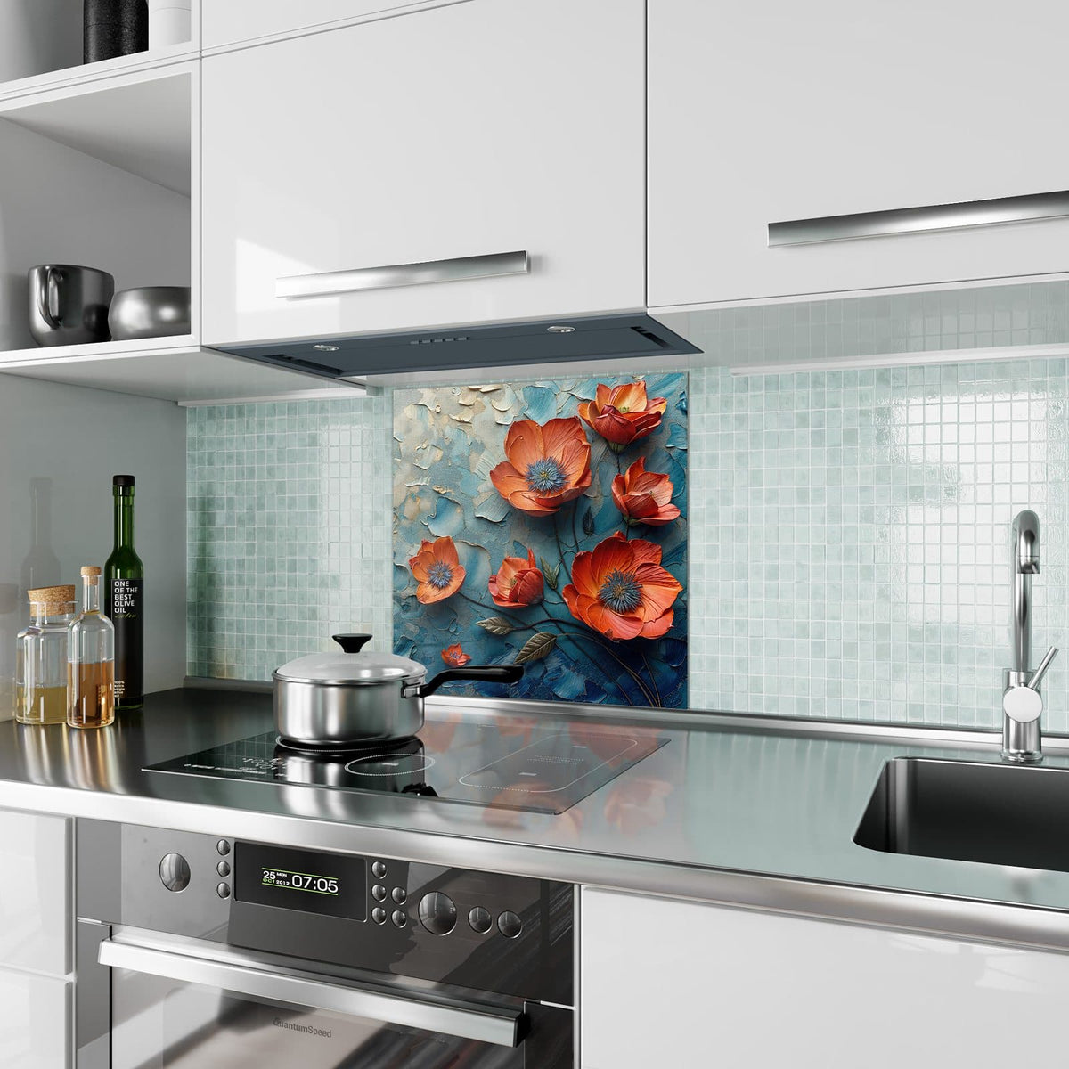 Küchenrückwand Oranger Mohn auf Blau aus Glas – Orangeroter Mohn auf Blau-Creme
