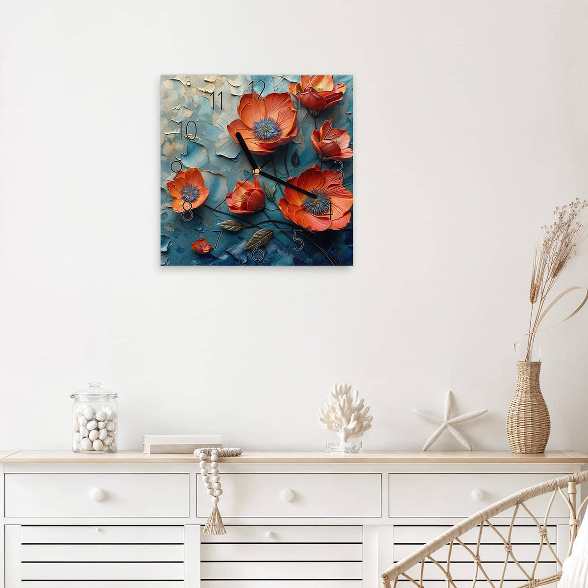 Wanduhr Oranger Mohn auf Blau aus Glas – Quadratisch 30 × 30 cm – Orangeroter Mohn auf Blau-Creme