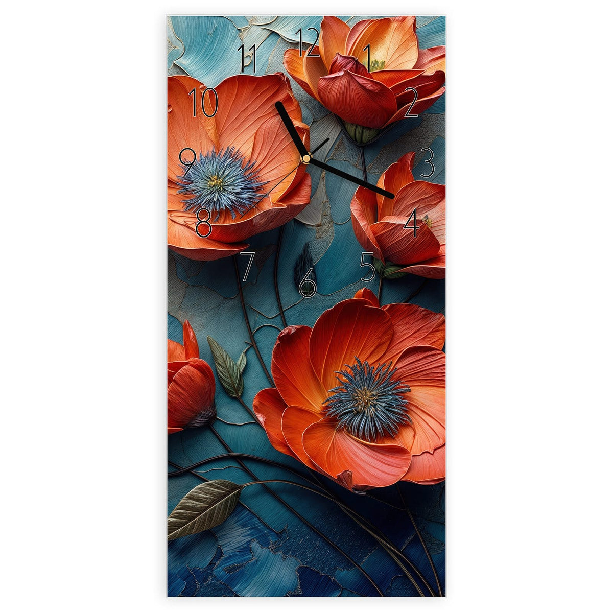 Wanduhr aus Glas, Ziffernblatt Elegant: Orangerote Mohnblüten mit blauen Staubgefäßen auf pastos blau-cremefarbenem Untergrund #ziffernblatt_Elegant