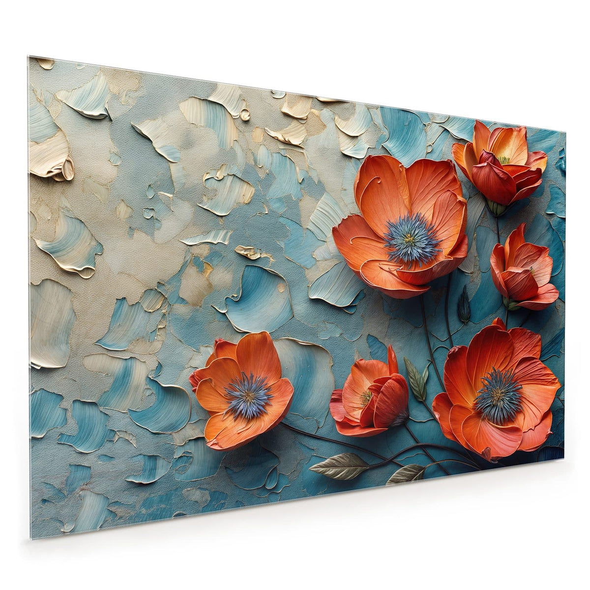 Küchenrückwand aus Glas im Hochformat: Orangerote Mohnblüten mit blauen Staubgefäßen auf pastos blau-cremefarbenem Untergrund
