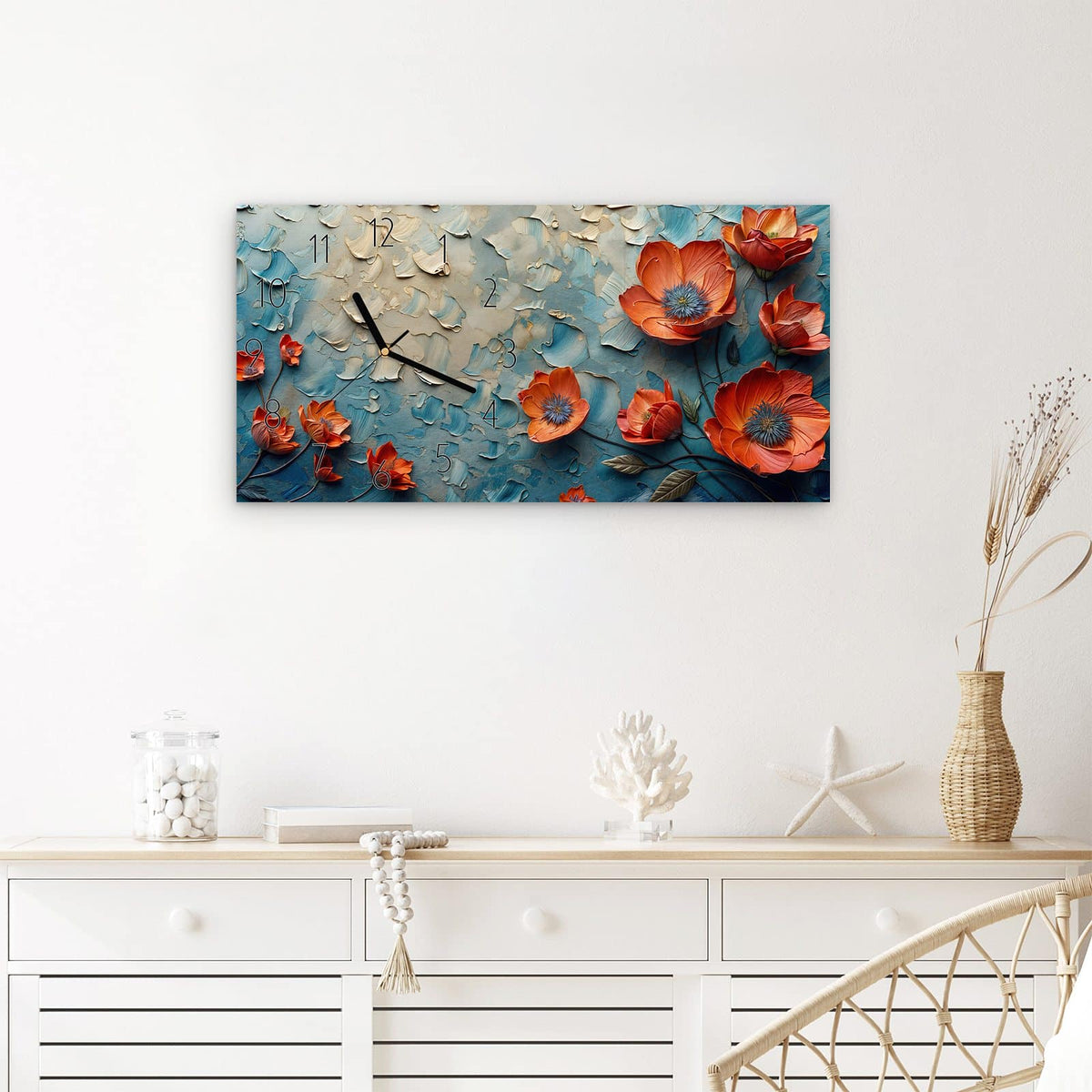Wanduhr Blumenmeer aus Glas – Querformat 60 × 30 cm – Leuchtender Mohn auf Petrol