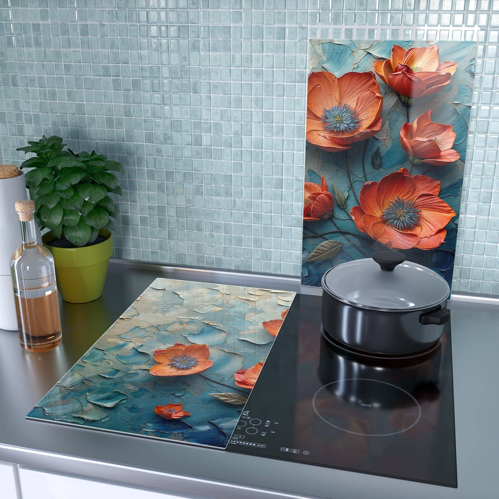 2-teilige Herdabdeckplatte mit Blumenmeer-Motiv als Spritzschutz hinter dem Kochfeld