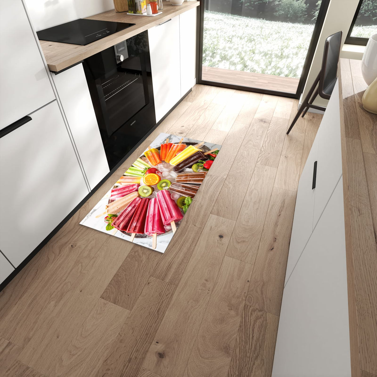Bodenschonender waschbarer Küchenläufer mit Motiv Sommerliches Eis in moderner Küche #grösse_60 x 120 cm