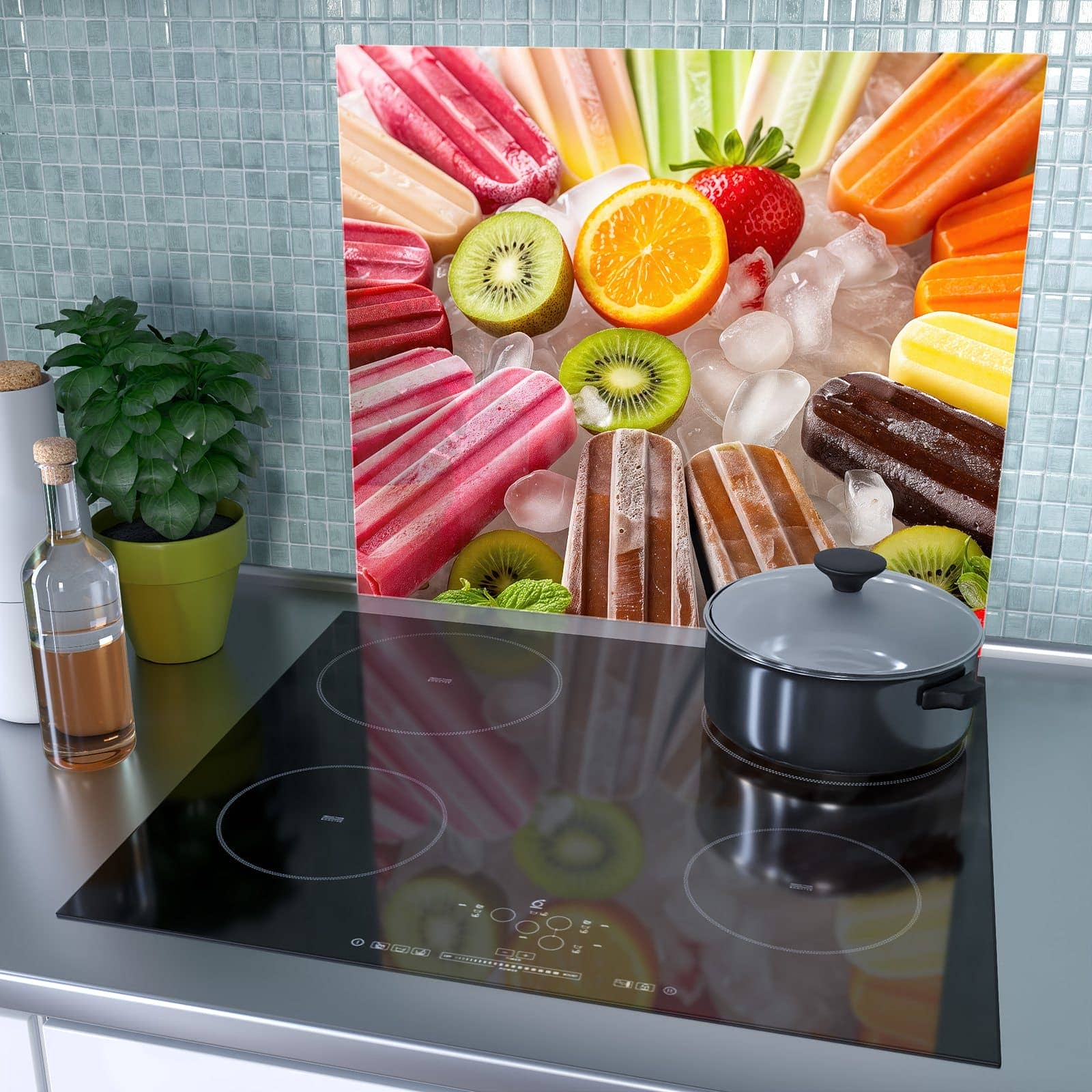 1-teilige Ceranfeld Abdeckplatten mit Sommerliches Eis-Motiv als Spritzschutz hinter dem Kochfeld