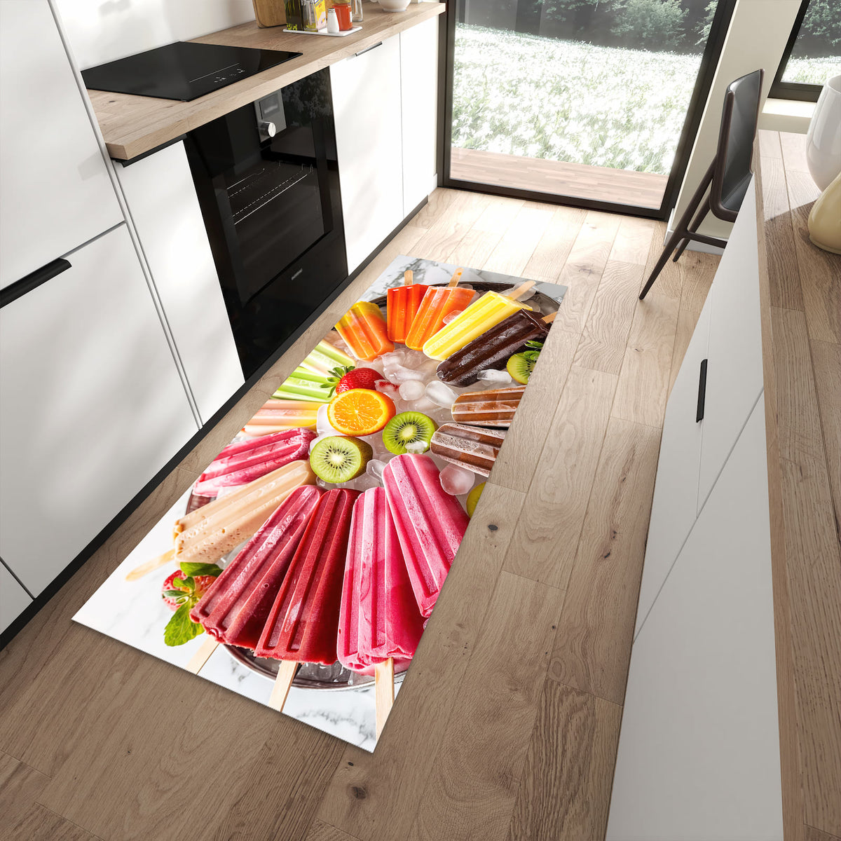 UV-beständiger waschbarer Küchenteppich mit Motiv Sommerliches Eis in moderner Küche