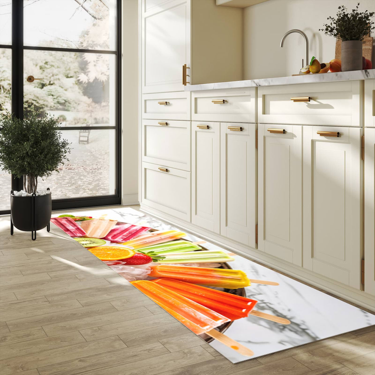 Waschbarer Küchenteppich mit Motiv Sommerliches Eis für Trittkomfort in heller Küche