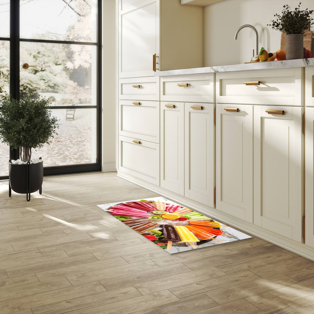 Bodenschonender Bodenläufer-Teppich mit Motiv Sommerliches Eis in heller Küche