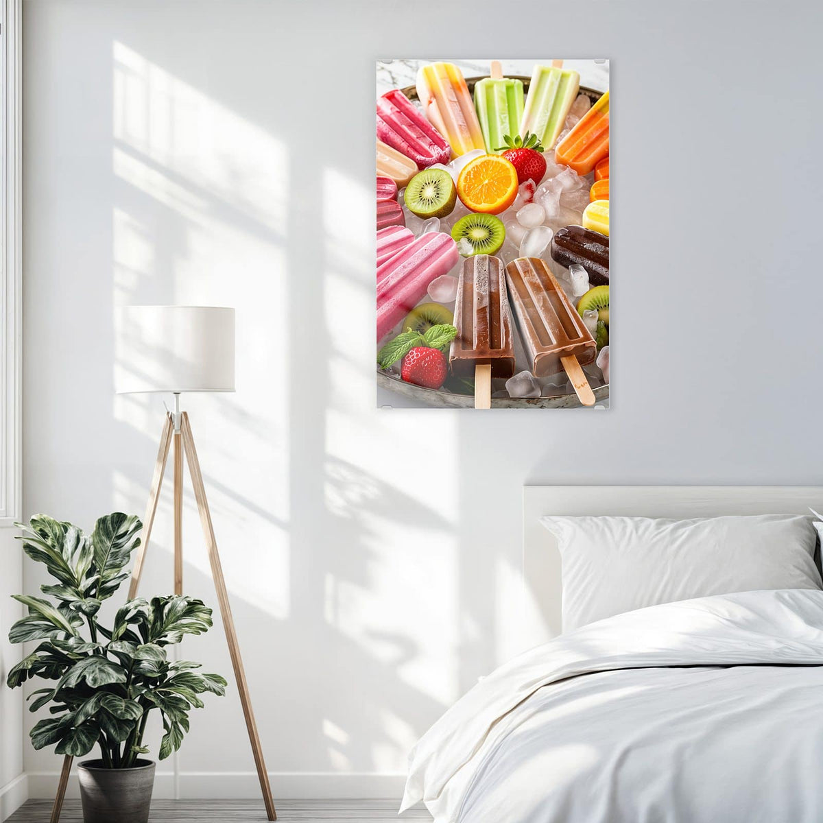 Glasbild Sommerliches Eis an der Wand – Bunte Eis am Stiel auf Eiswürfeln mit Kiwi, Orange und Erdbeeren
