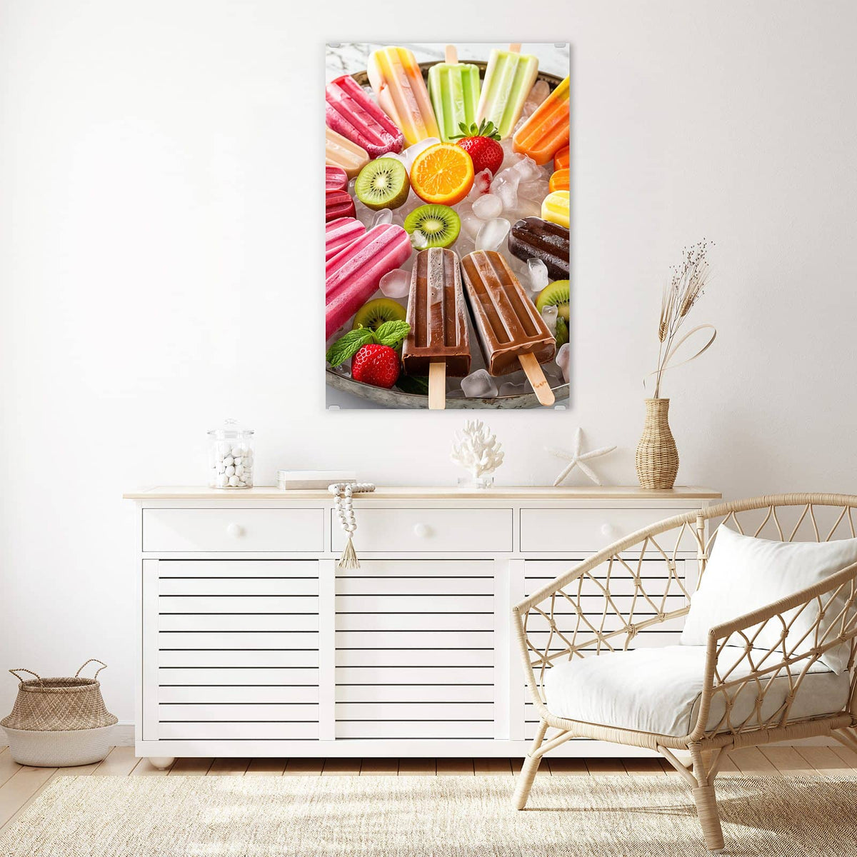 Glasbild Sommerliches Eis an der Wand – Bunte Eis am Stiel auf Eiswürfeln mit Kiwi, Orange und Erdbeeren