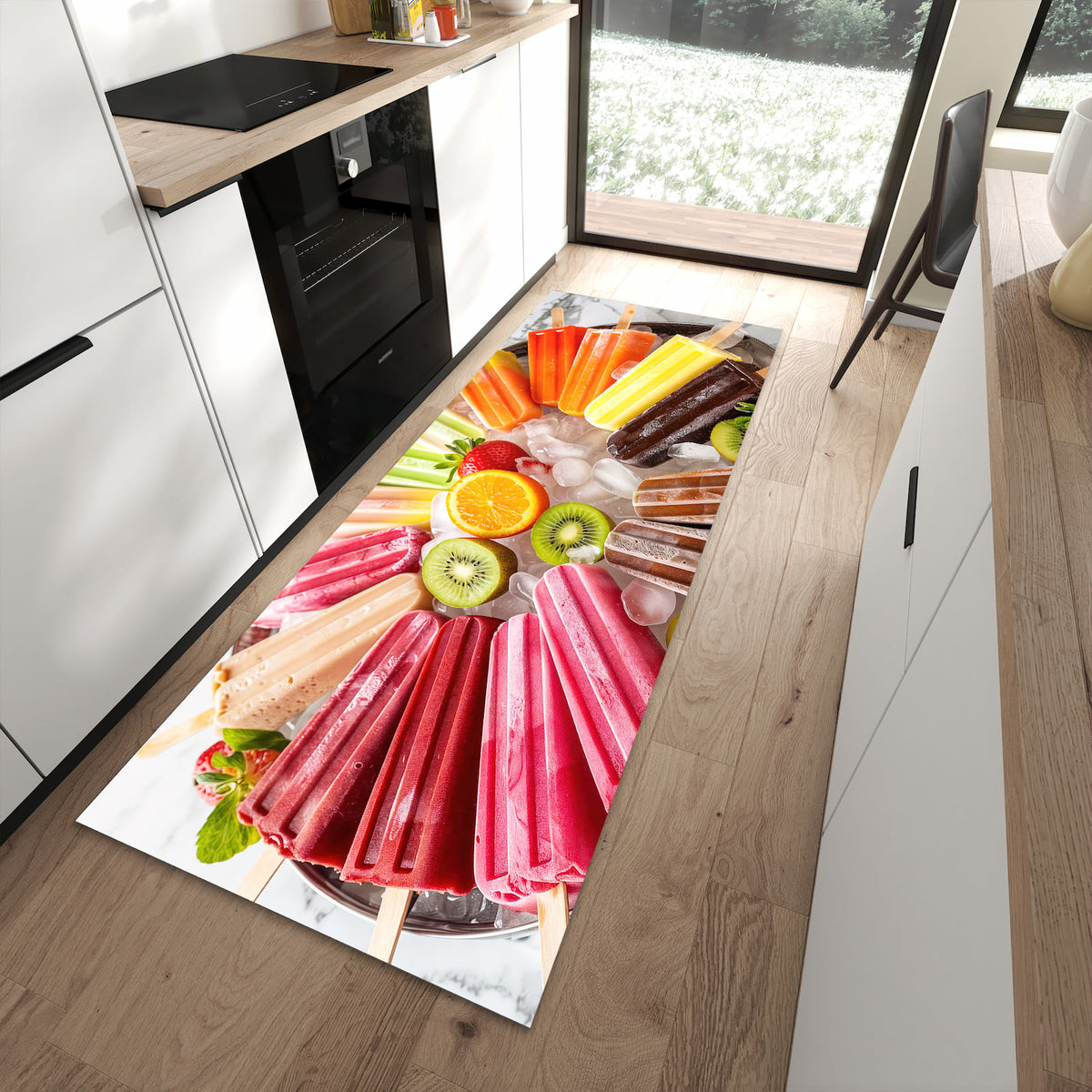Geruchsneutraler Bodenläufer Teppich mit Motiv Sommerliches Eis in moderner Küche