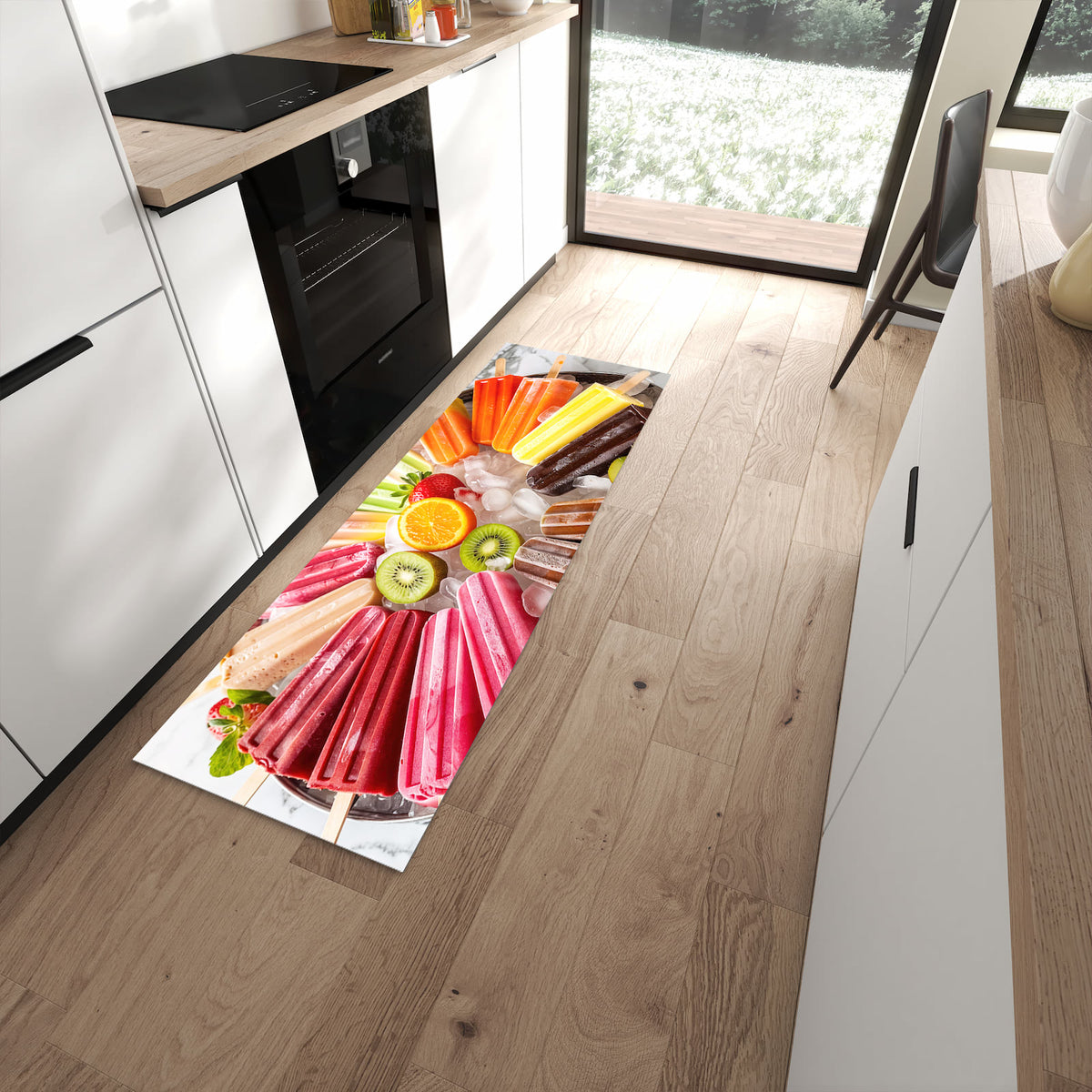 Formstabiler langer Teppich mit Motiv Sommerliches Eis in moderner Küche