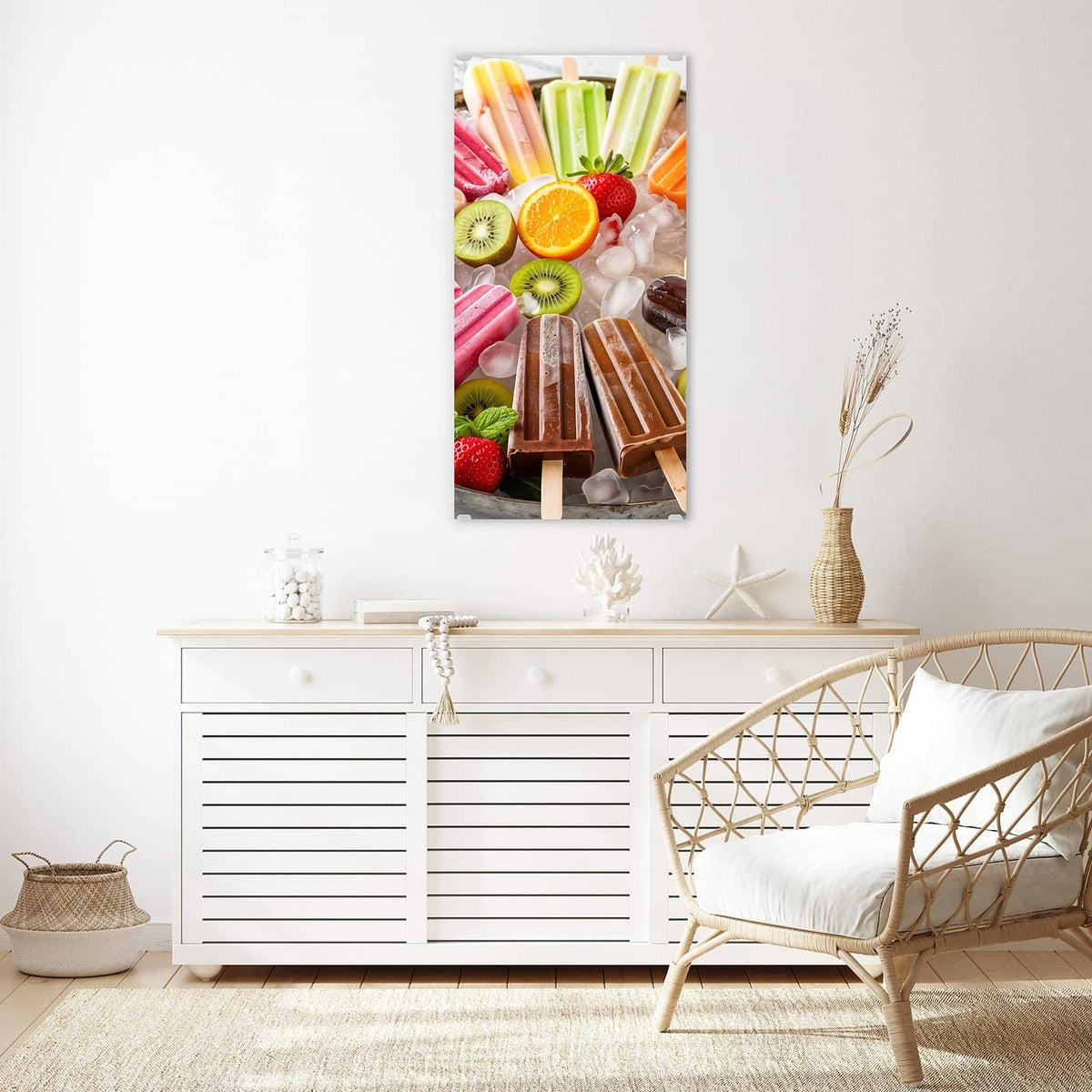 Glasbild Sommerliches Eis an der Wand – Bunte Eis am Stiel auf Eiswürfeln mit Kiwi, Orange und Erdbeeren