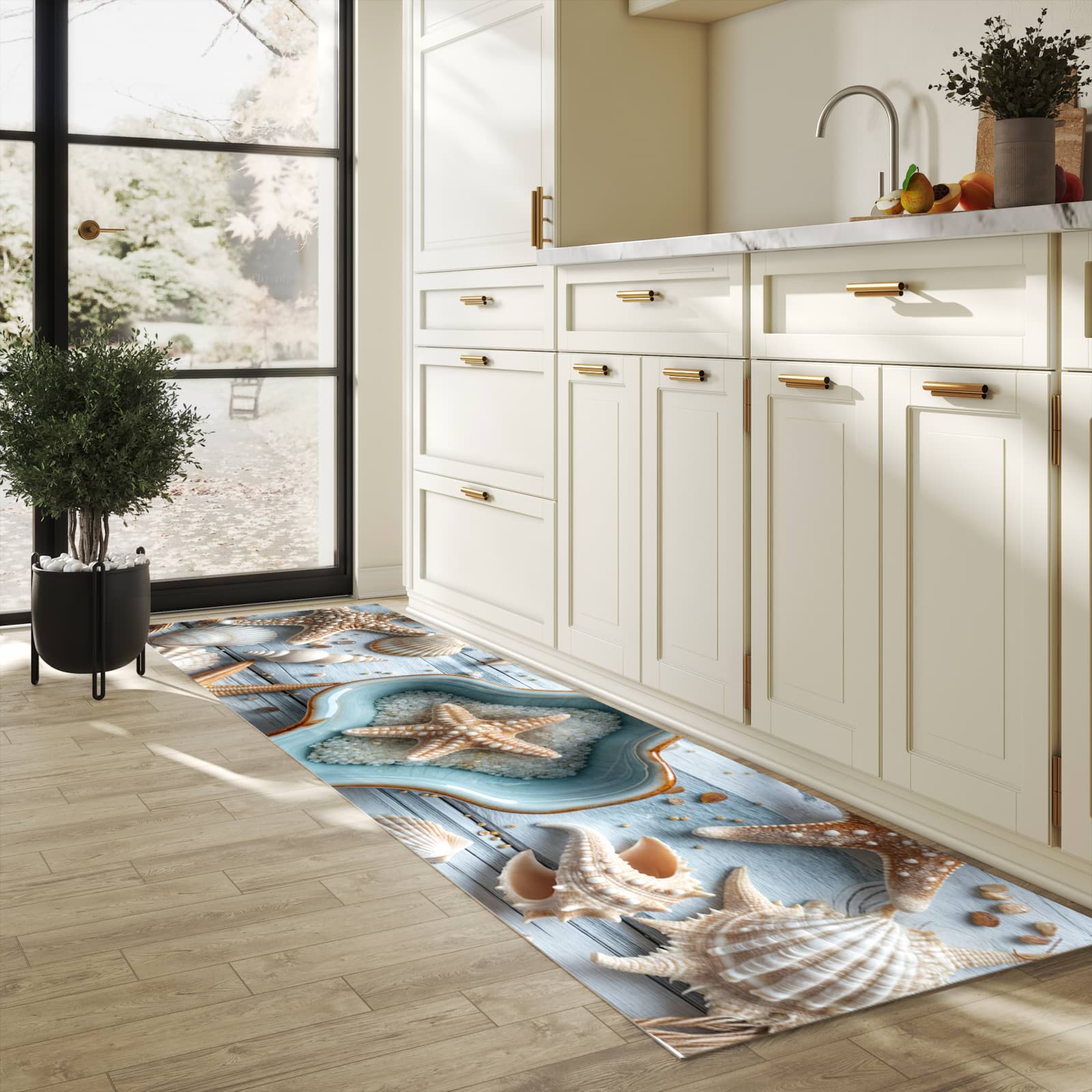 Langlebiger Teppich für Esstisch mit Motiv Muscheldeko Sternform in heller Küche, waschbar