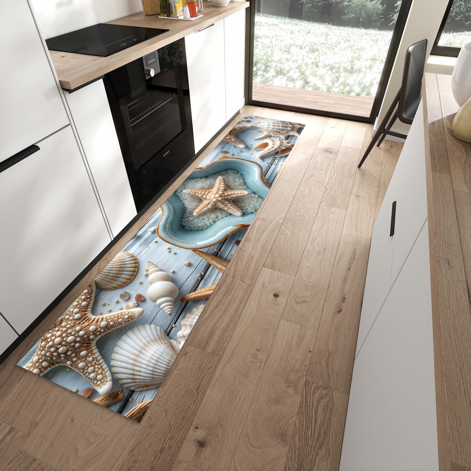 Küchenläufer mit Motiv Muscheldeko Sternform für angenehme Haptik in moderner Küche
