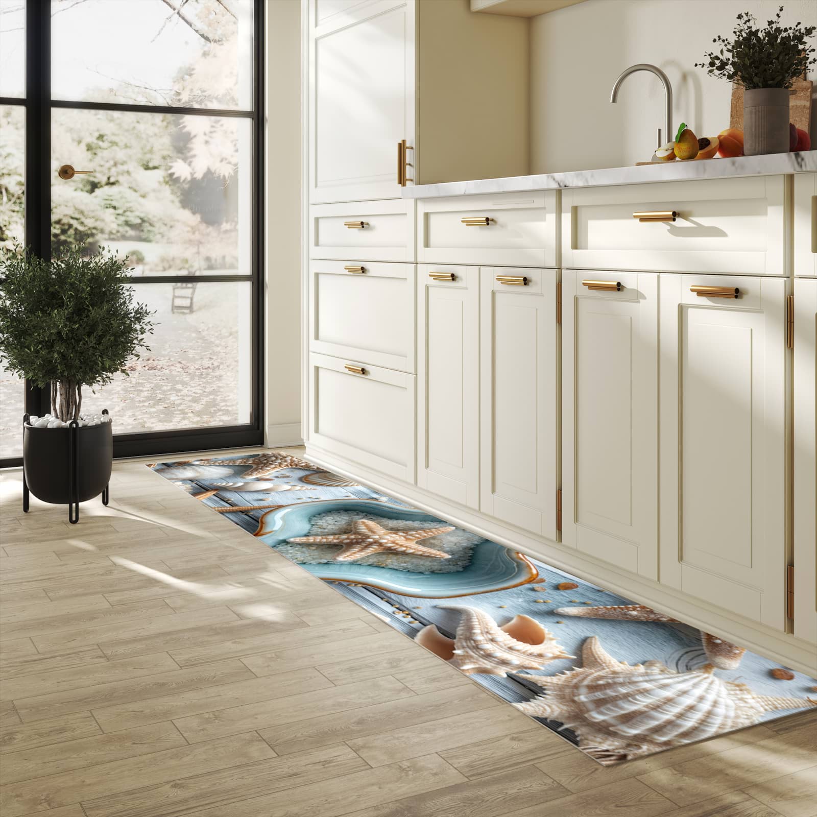 Pflegeleichter Läufer mit Motiv Muscheldeko Sternform in heller Küche für einfache Reinigung