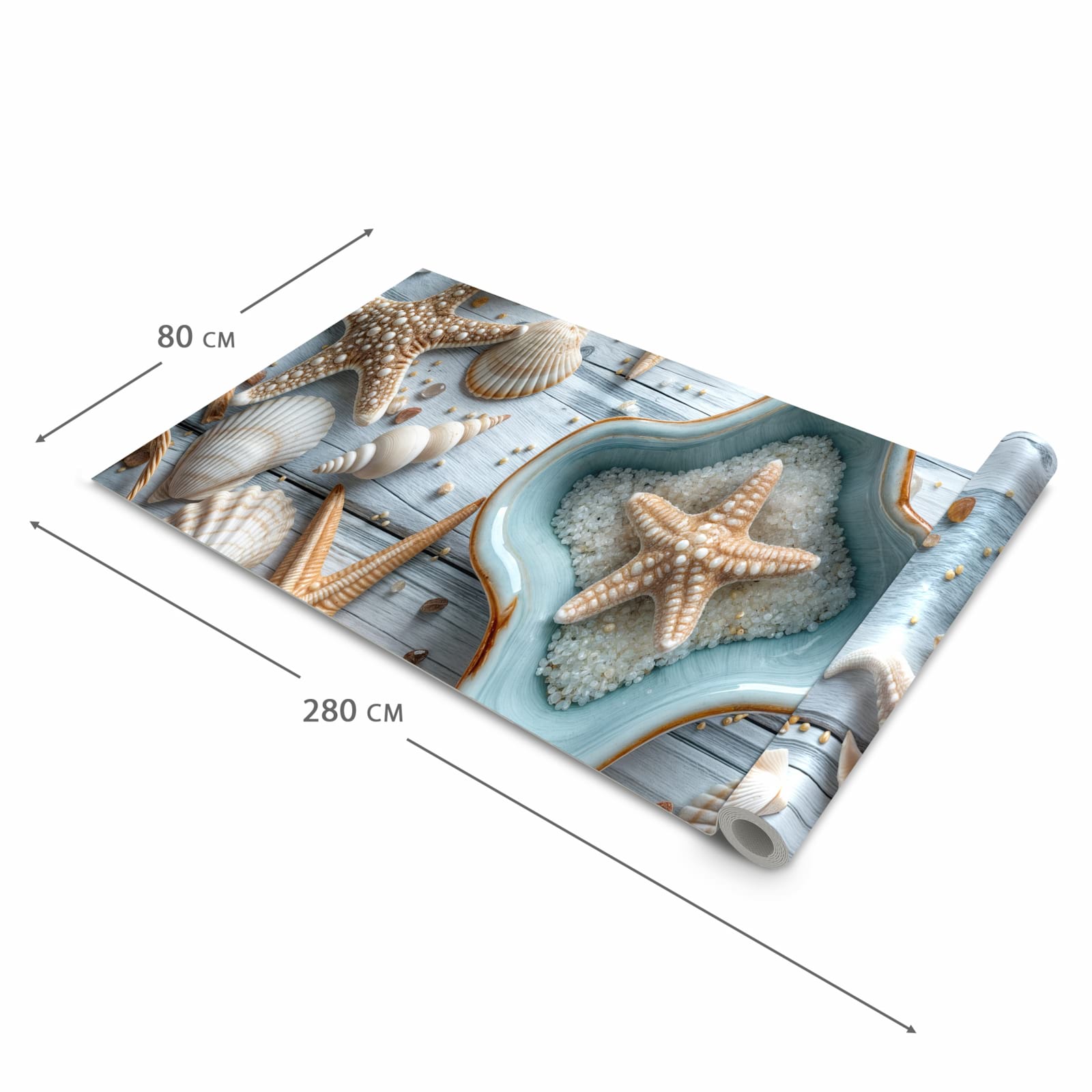 Dünner Küchenteppich mit Motiv Muscheldeko Sternform in der Grösse 60x90 cm - angenehme Haptik