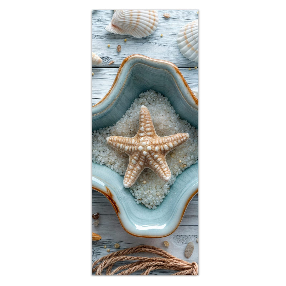 Wandbild - Seesterne und Muscheln - Hochformat – Seesterne und Muscheln auf hellem Holz