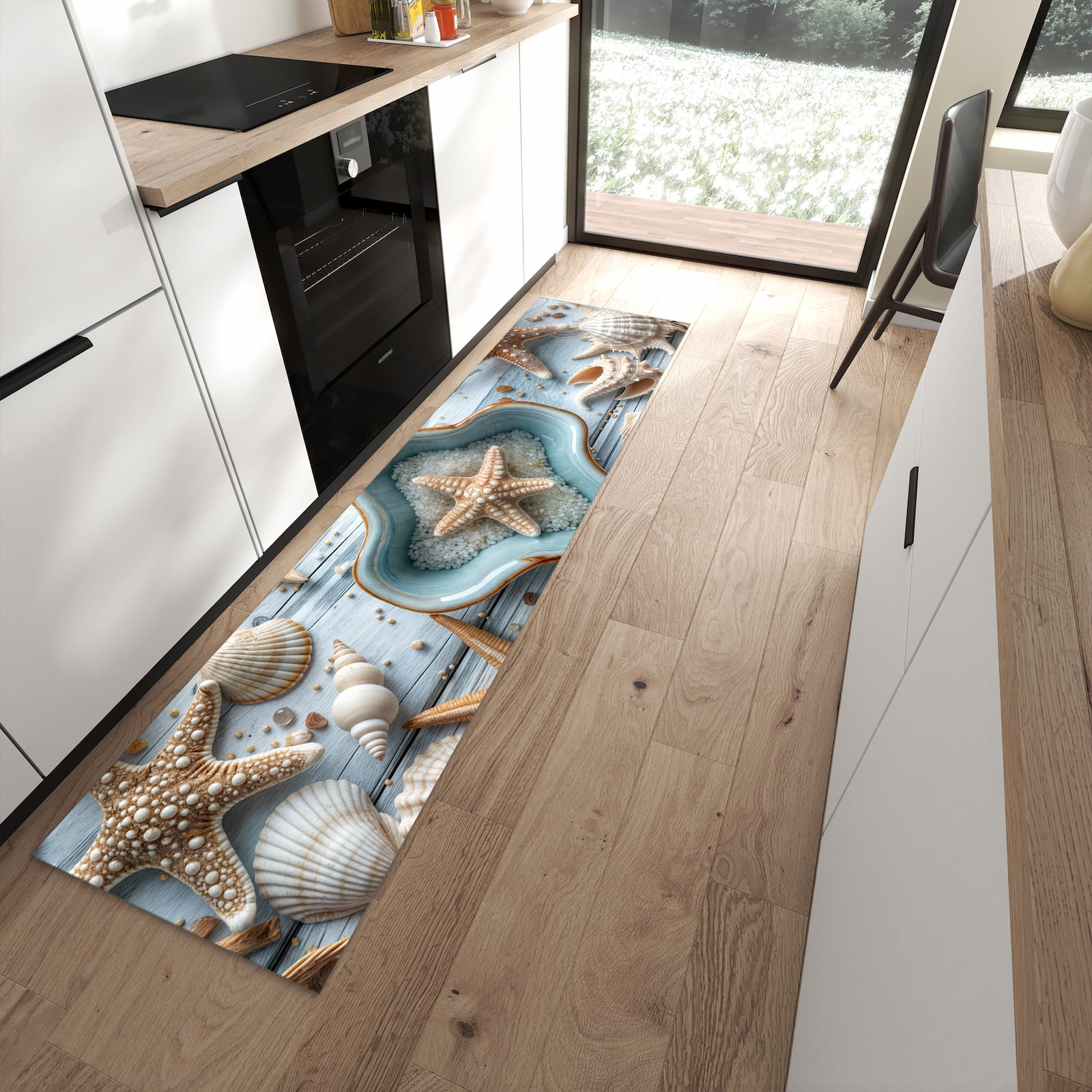 Pflegeleichter Küchenteppich mit Motiv Muscheldeko Sternform in moderner Küche