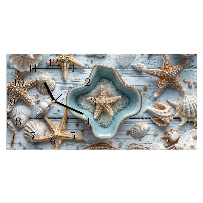 Wanduhr Muscheldeko Sternform aus Glas – Querformat 60 × 30 cm mit Ziffernblatt Klassisch
