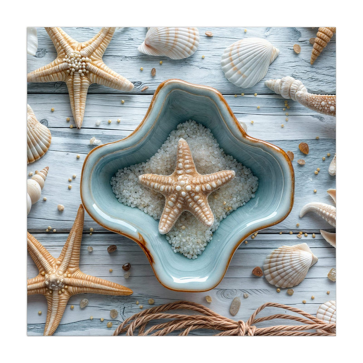 Küchenrückwand aus Glas Seesterne und Muscheln im quadratischen Format, Motiv bildfüllend von vorn