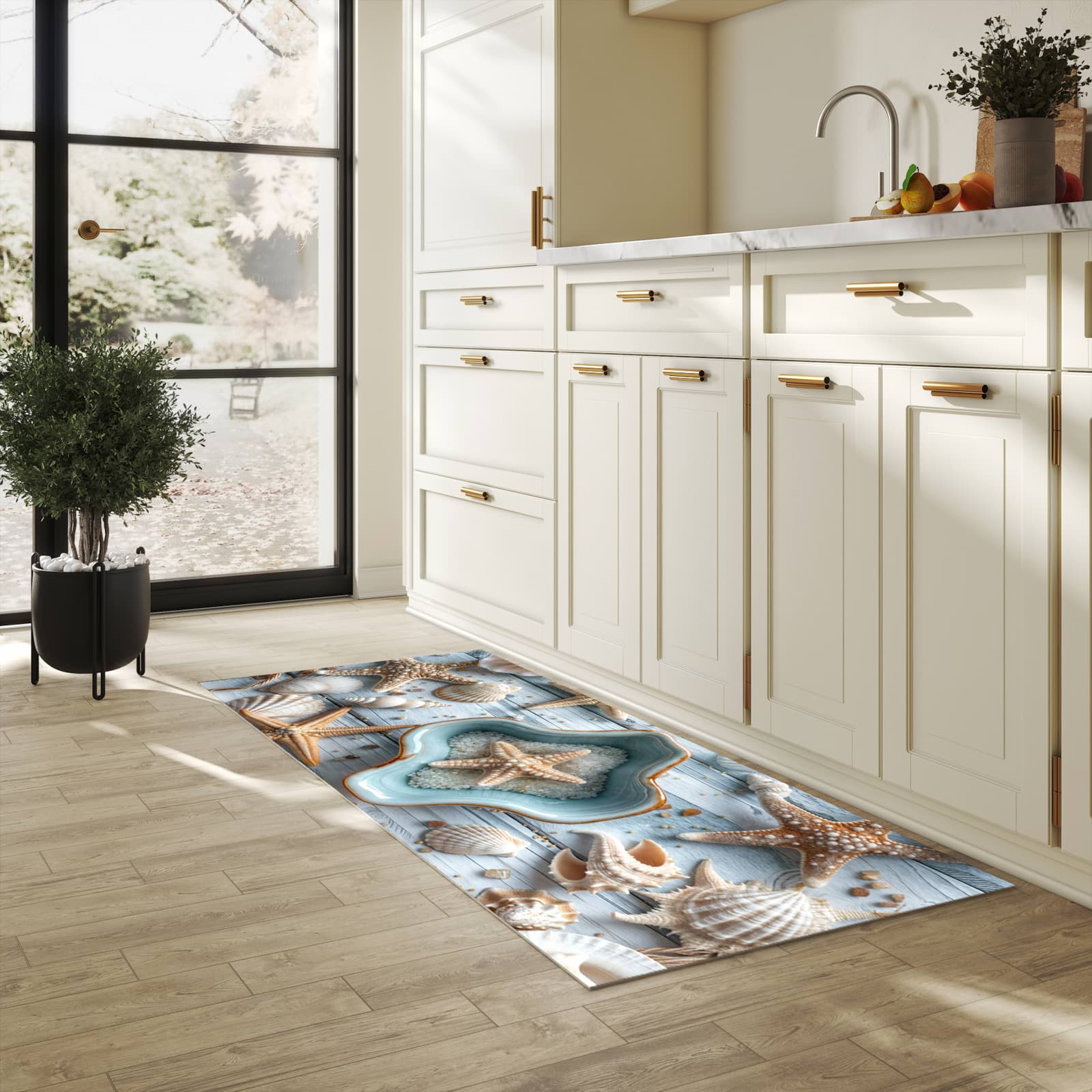Hygienischer rutschfester Küchenteppich mit Motiv Muscheldeko Sternform in heller Küche