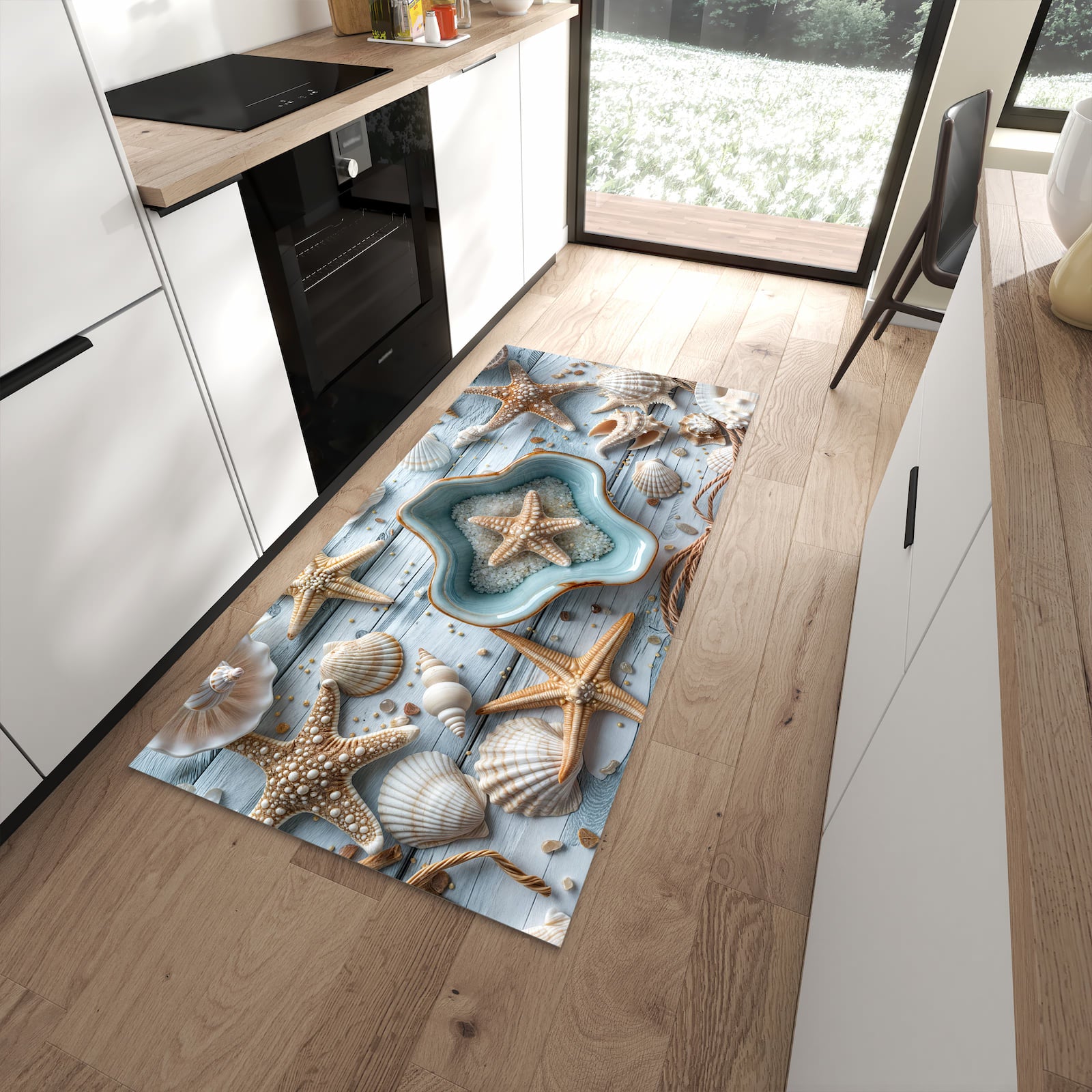 Bodenschonender Küchenteppich mit Motiv Muscheldeko Sternform in moderner Küche