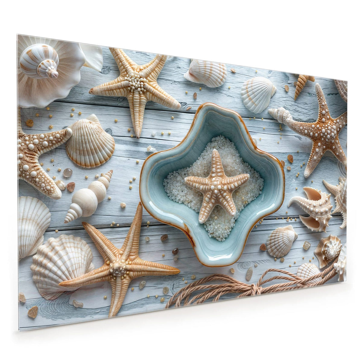 Küchenrückwand aus Glas im Hochformat: Seesterne und Muscheln auf heller Holzdiele, in der Mitte eine Schale mit grobem Salz