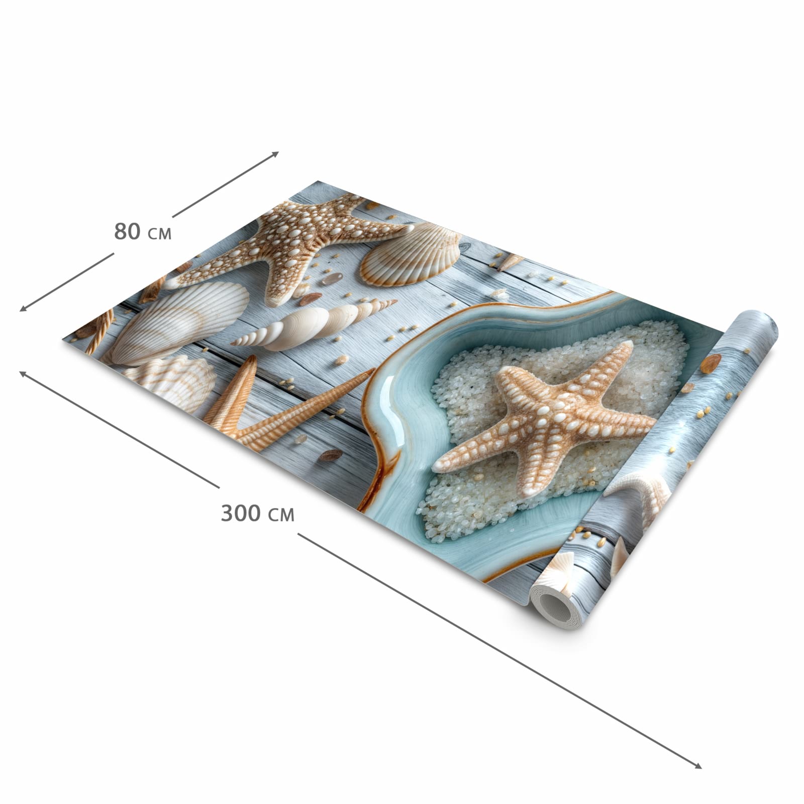 Hygienischer rutschfester Teppich mit Motiv Muscheldeko Sternform in der Grösse 60x90 cm