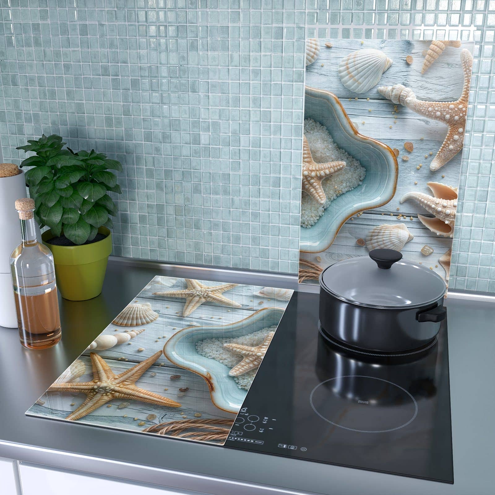 2-teilige Ceranfeldabdeckungen mit Muscheldeko Sternform-Motiv als Spritzschutz hinter dem Kochfeld
