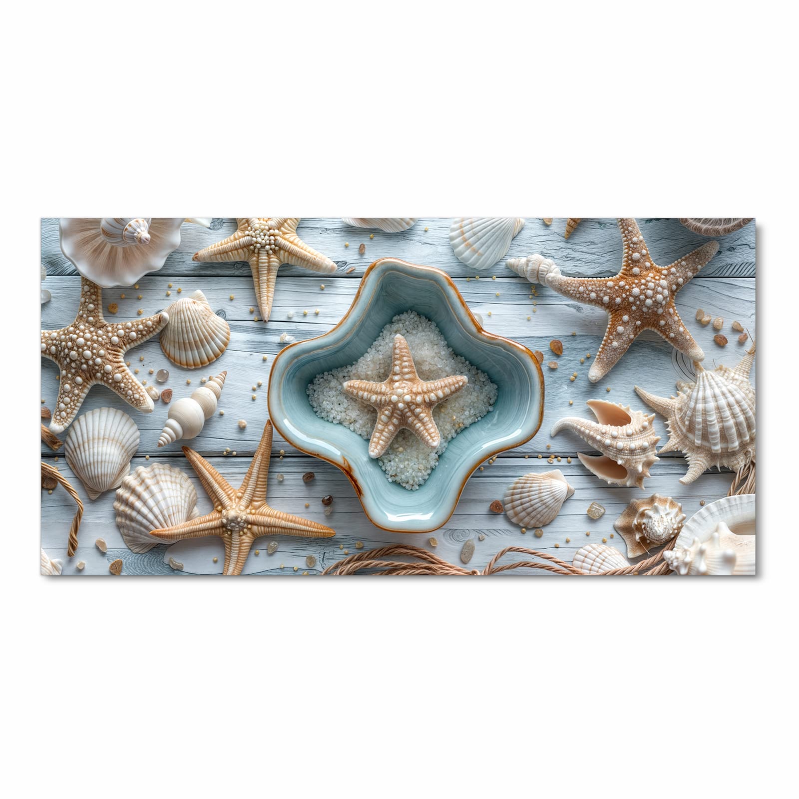 Farbbeständiger dünner Küchenteppich mit Motiv Muscheldeko Sternform in Frontansicht, waschbar