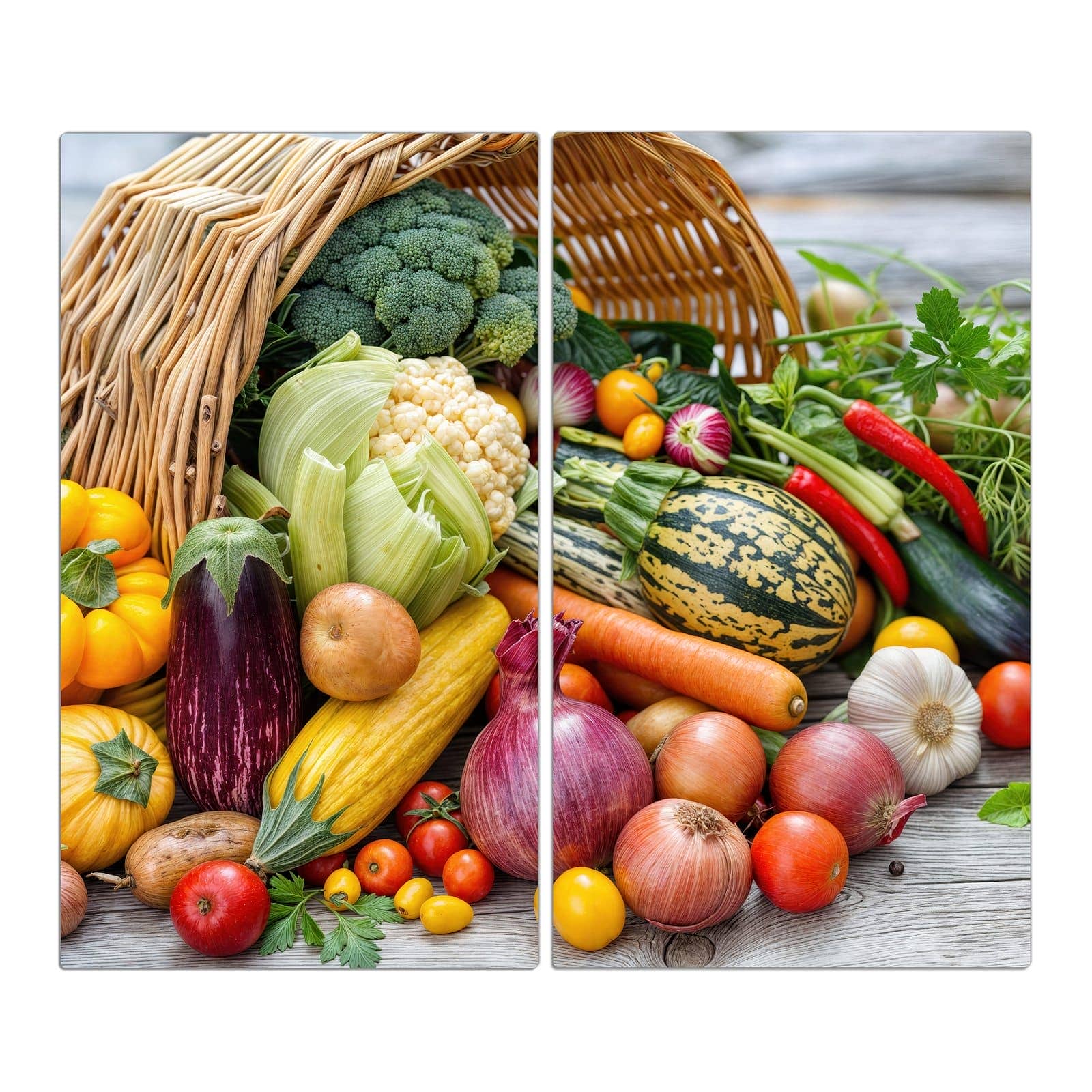 2-teilige Herdabdeckplatte aus Glas mit Erntekorb Gemüse-Motiv in der Frontansicht #grösse_2-Teilig (60x52cm)