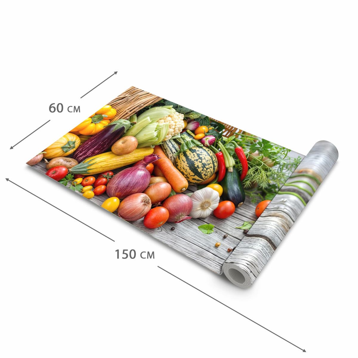 Bodenschonender Küchenteppich mit Motiv Erntekorb Gemüse in der Größe 60x90 cm