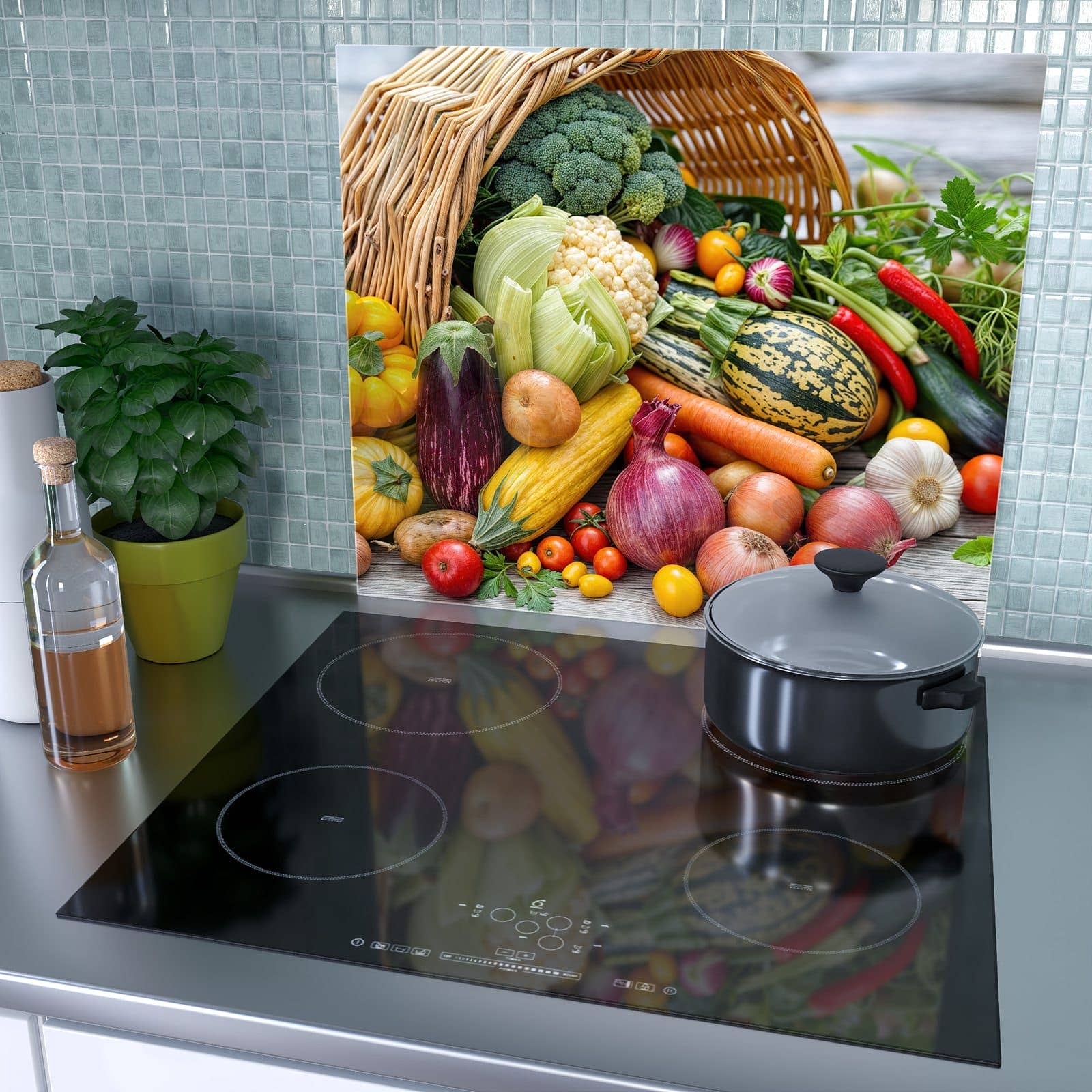 1-teilige Glasplatte für Herd mit Erntekorb Gemüse-Motiv als Spritzschutz hinter dem Kochfeld