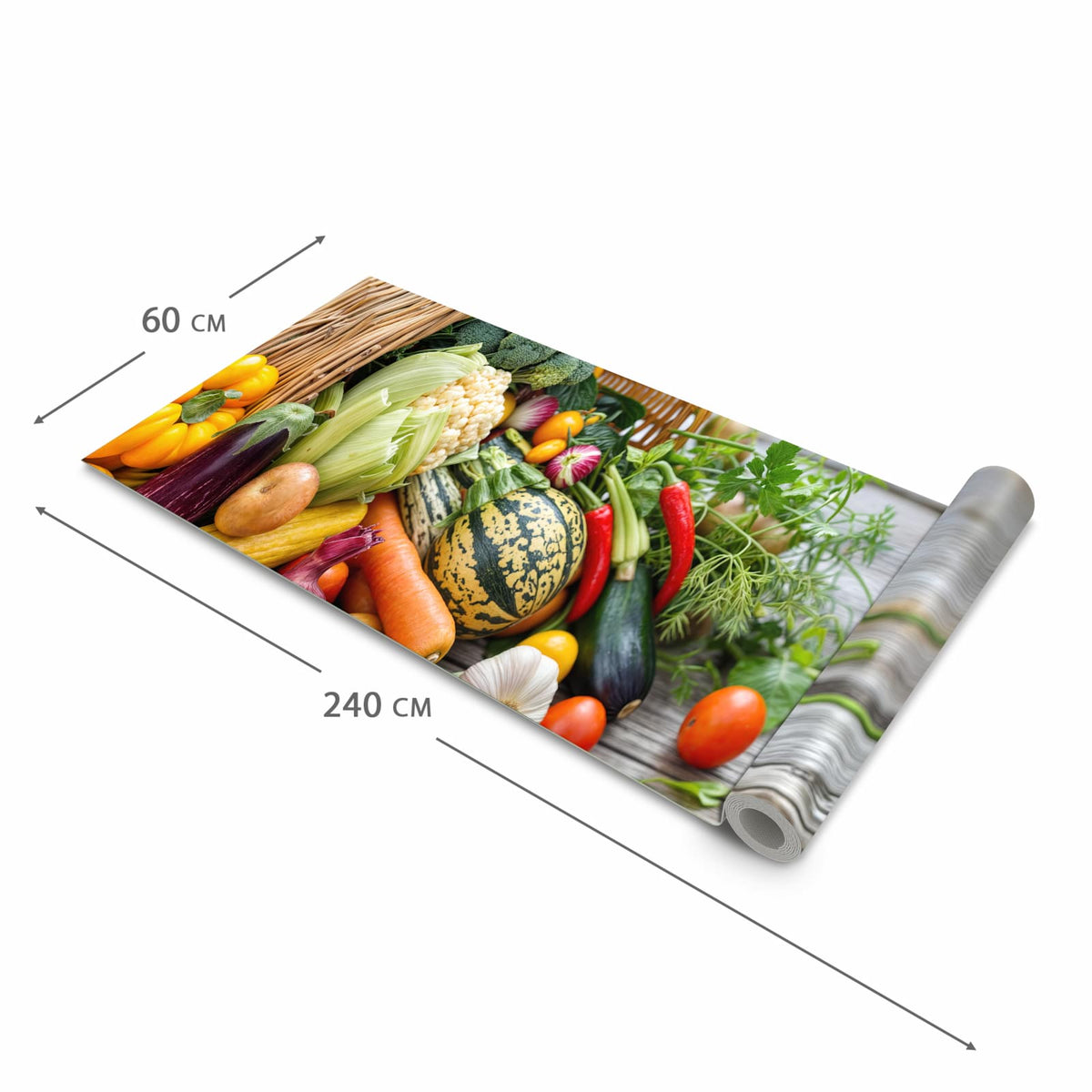 Bodenschonender Küchenteppich mit Motiv Erntekorb Gemüse in der Grösse 60x90 cm