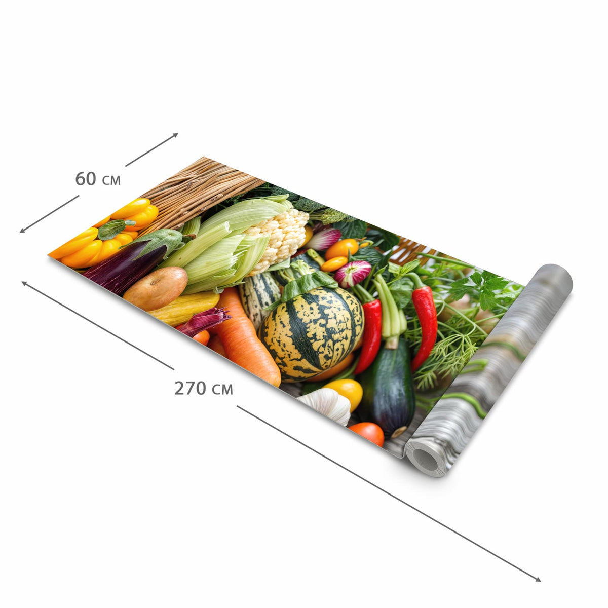 Farbbeständiger Teppich für die Küche mit Motiv Erntekorb Gemüse in der Grösse 60x90 cm