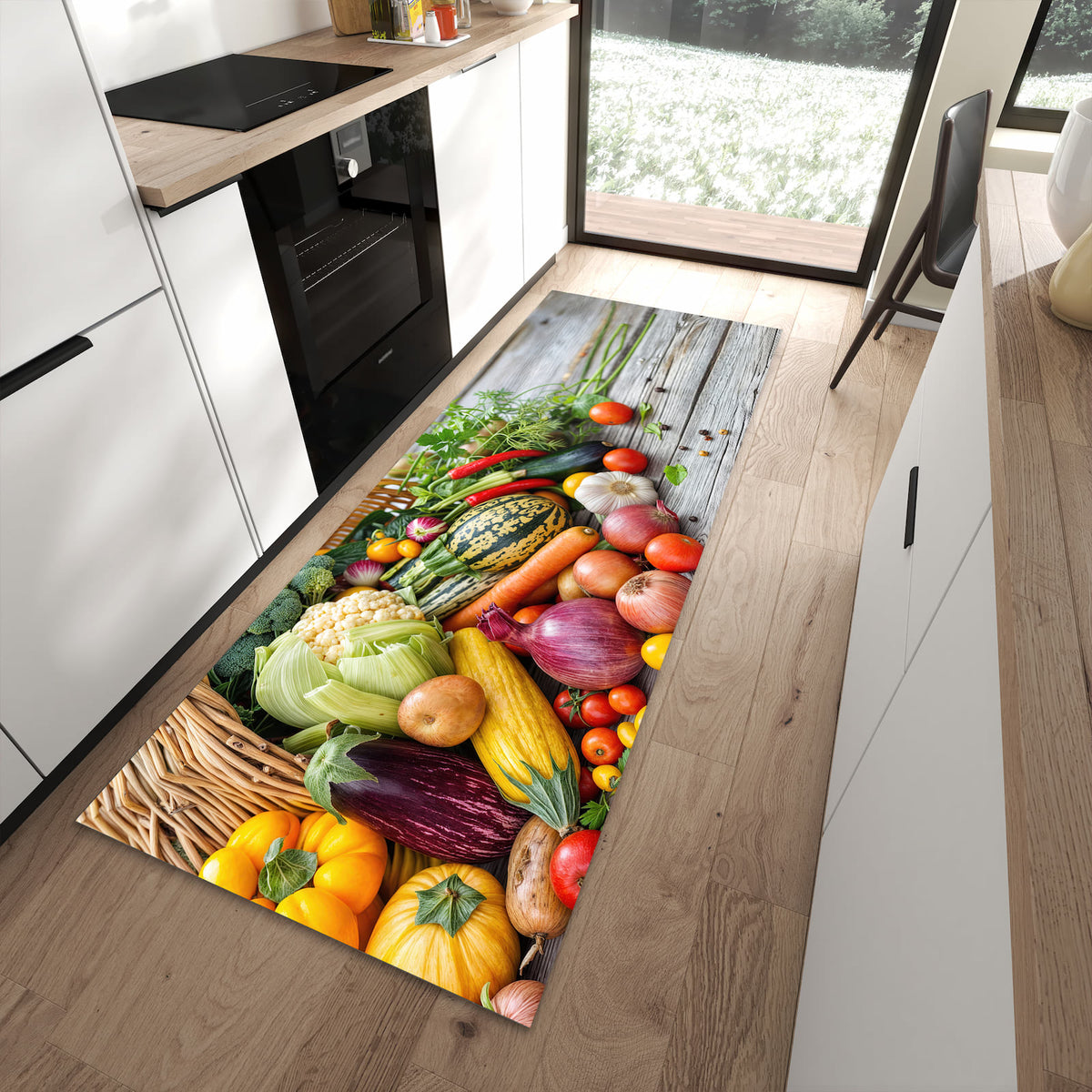 Flacher Küchenteppich mit Motiv Erntekorb Gemüse in moderner Küche