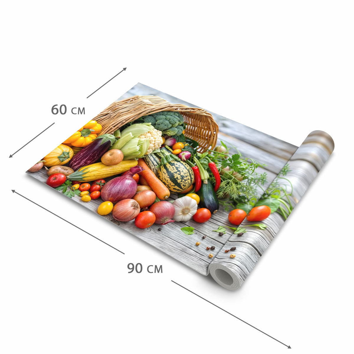 Küchenteppich mit Motiv Erntekorb Gemüse in der Grösse 60x90 cm für sichere Aufbewahrung