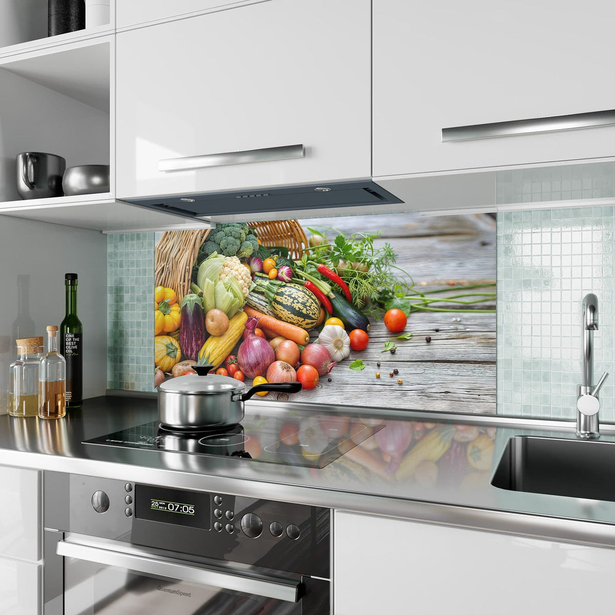 Küchenrückwand aus Glas Umgekippter Gemüsekorb im Hochformat als Spritzschutz hinter dem Kochfeld, über dem Fliesenspiegel montiert