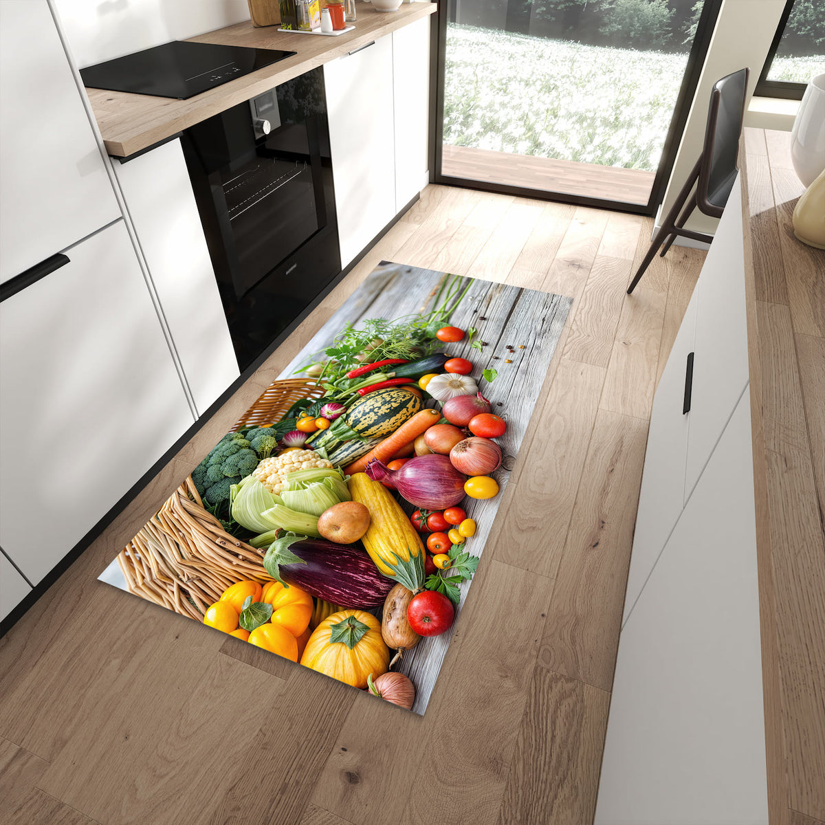 Langlebiger Küchenteppich mit Motiv Erntekorb Gemüse in moderner Küche