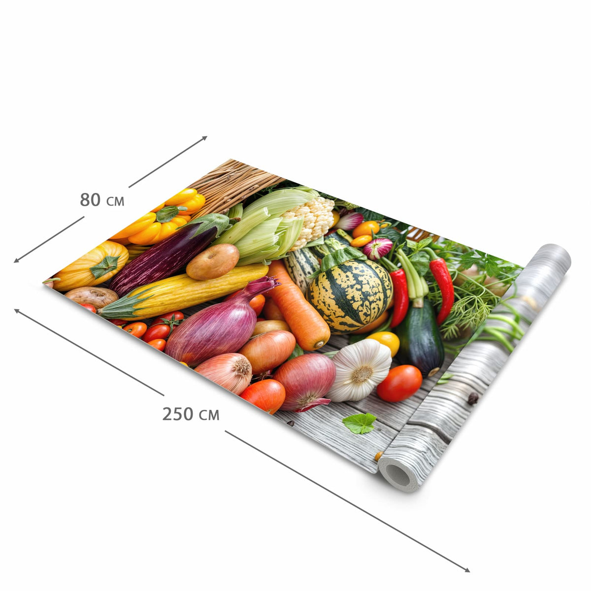 Geräuschdämpfender Läufer für die Küche mit Motiv Erntekorb Gemüse in der Größe 60x90 cm