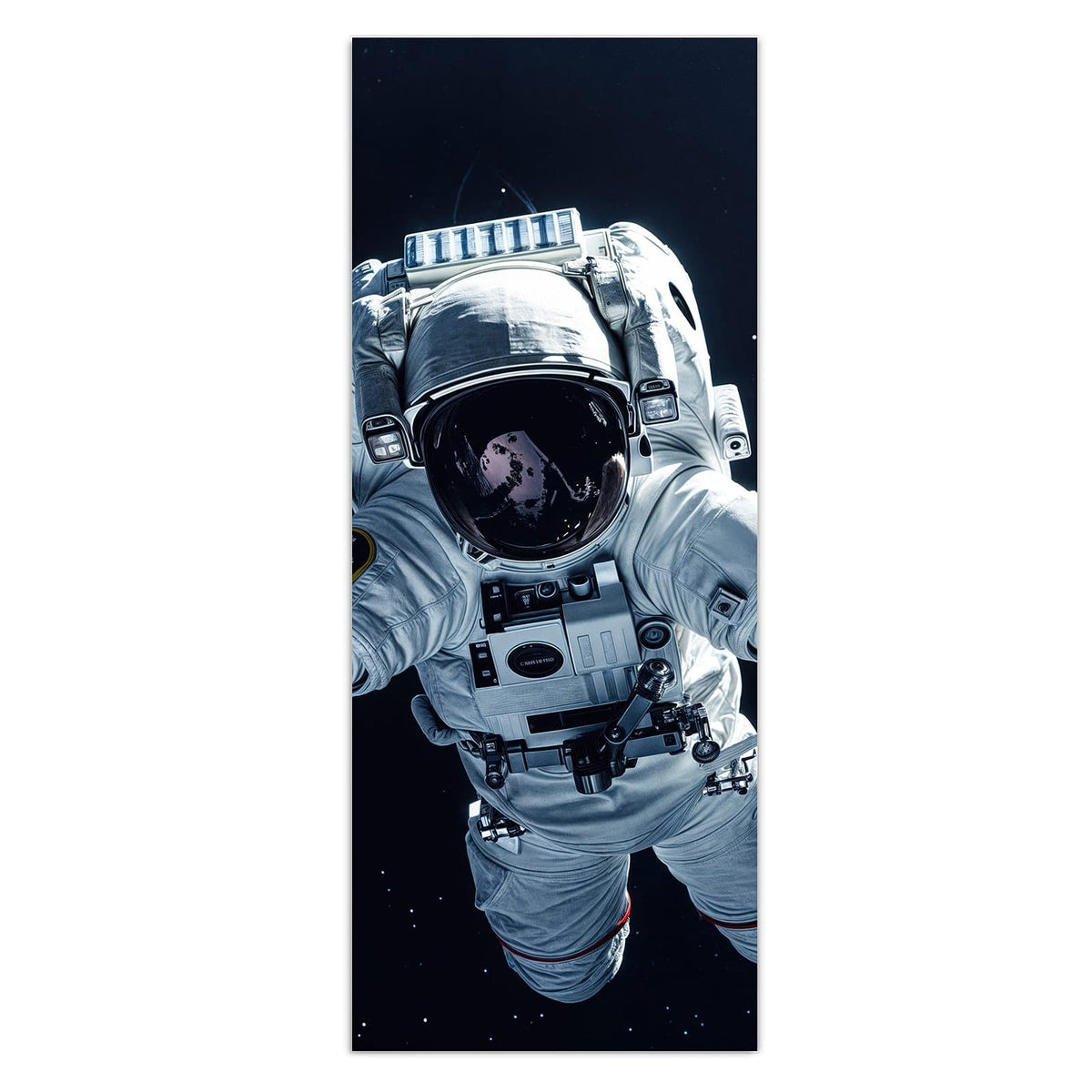 Astronaut im weißen Anzug schwebt frei vor schwarzem Sternenhimmel