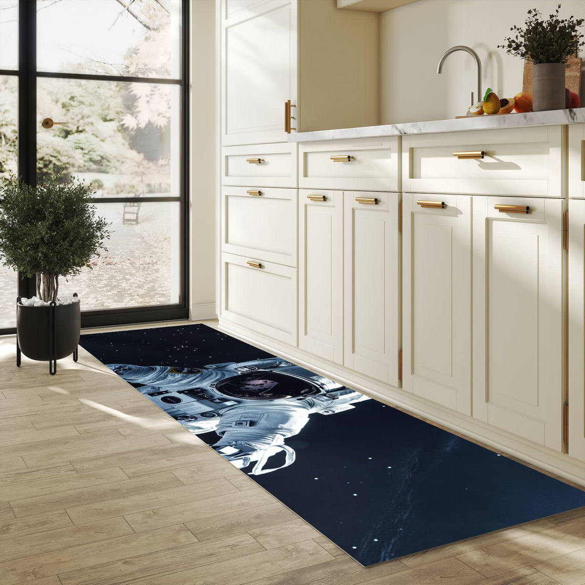 Zeitsparender waschbarer Küchenteppich mit Motiv Astronaut im All in der Grösse 90x180 cm