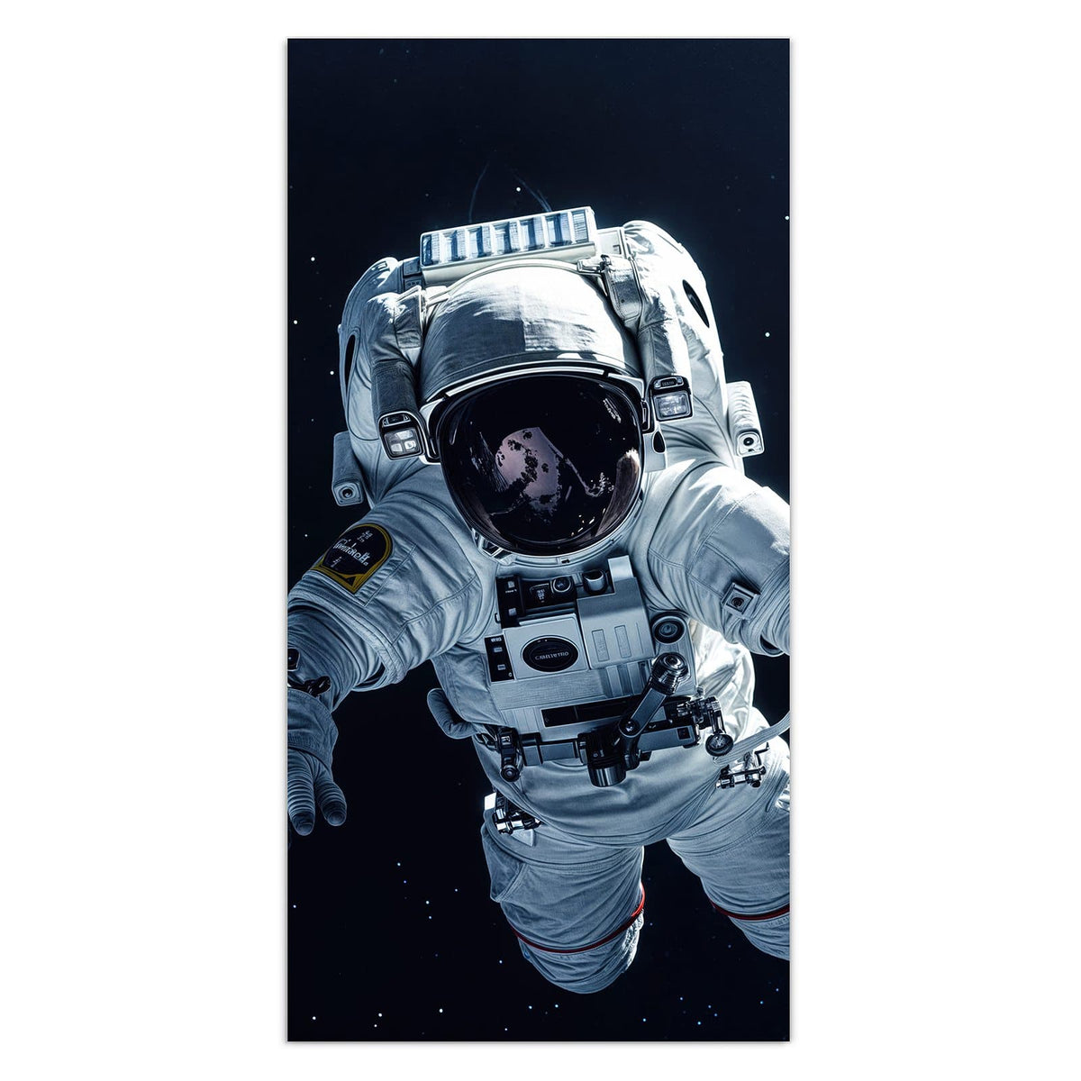 Astronaut im weißen Anzug schwebt frei vor schwarzem Sternenhimmel