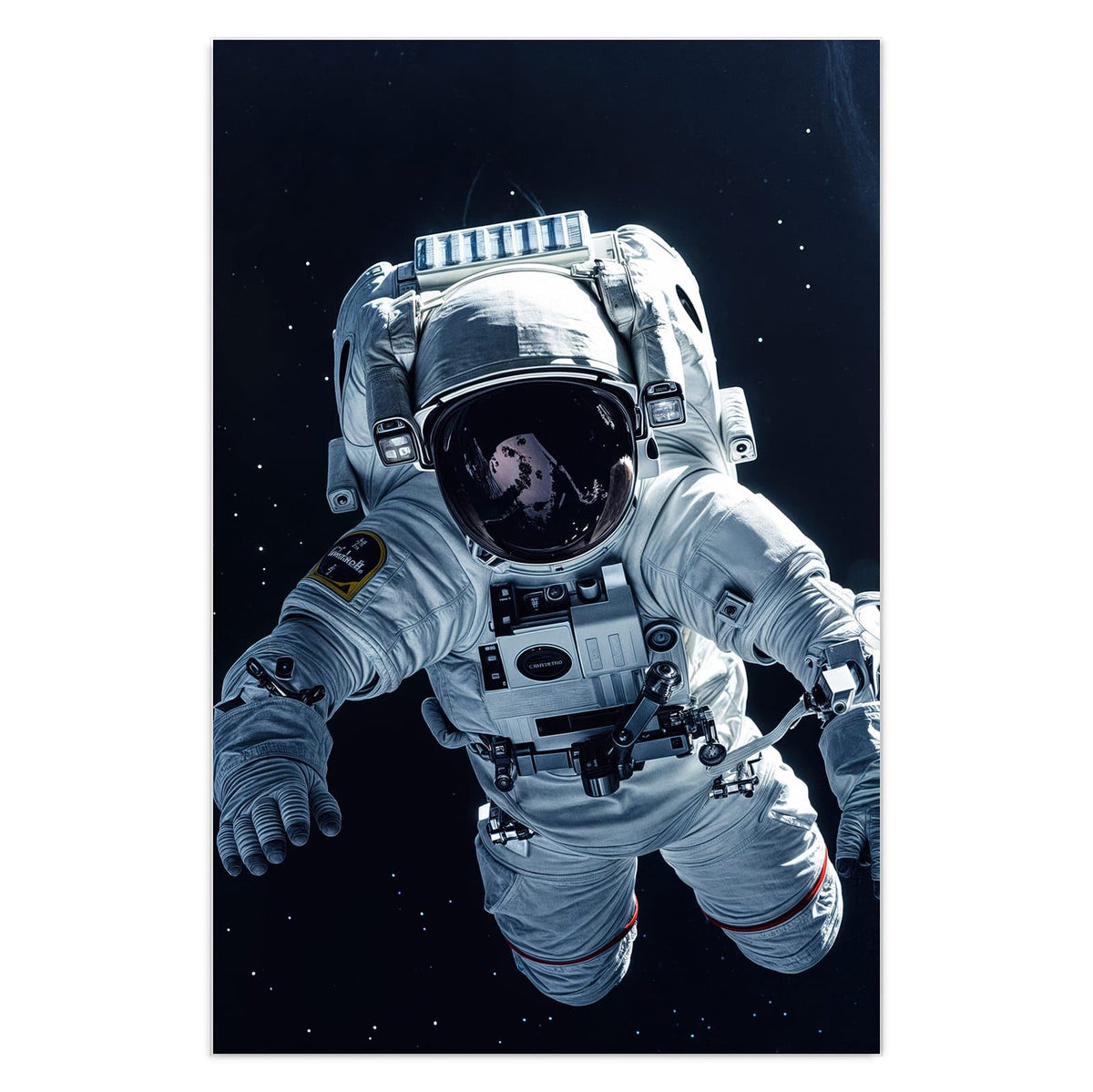 Astronaut im weißen Anzug schwebt frei vor schwarzem Sternenhimmel
