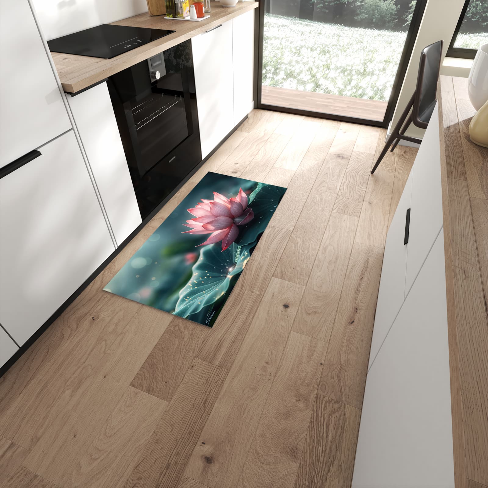 Komfortabler Küchenläufer mit Motiv Lotuszauber in moderner Küche #grösse_60 x 120 cm