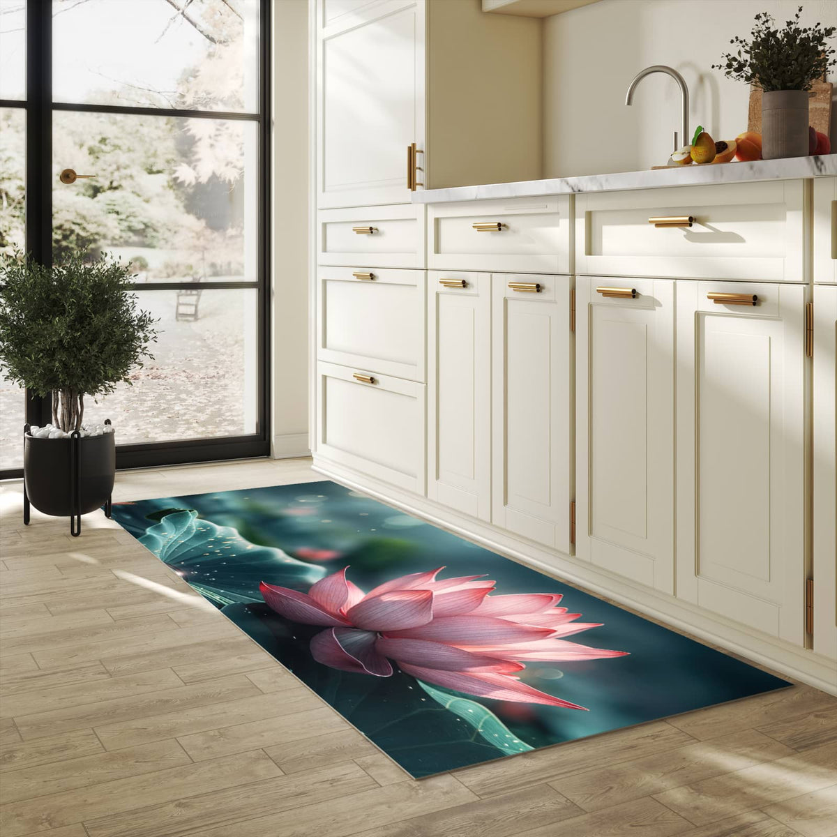 Rutschfester Küchenteppich mit Motiv Lotuszauber in heller Küche