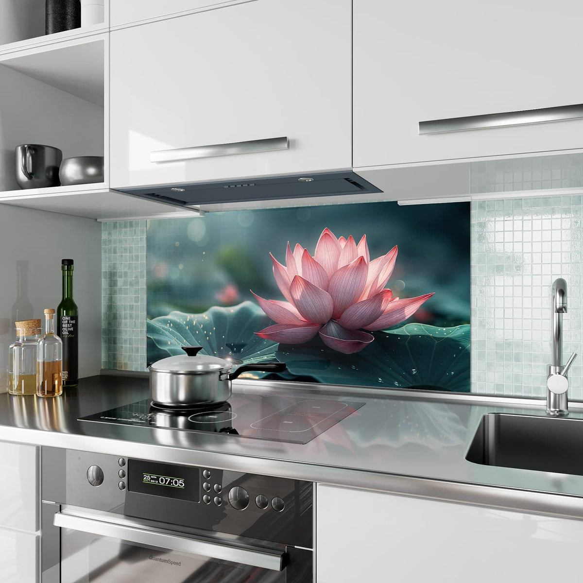 Küchenrückwand aus Glas Rosa Lotusblüte im Hochformat als Spritzschutz hinter dem Kochfeld, über dem Fliesenspiegel montiert