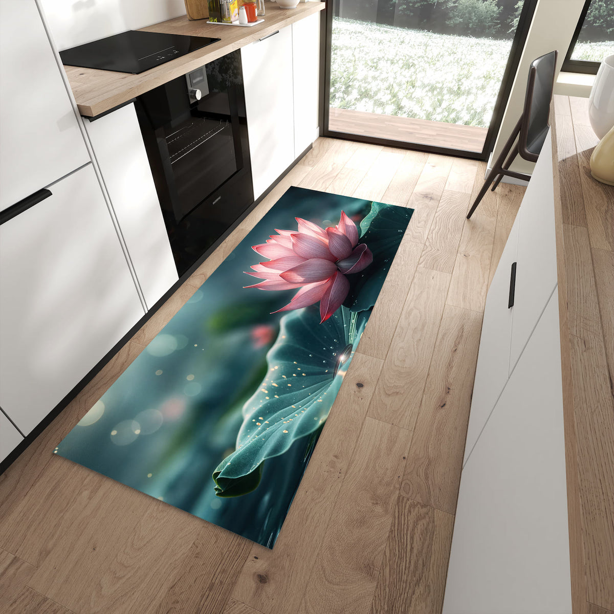 Langlebiger Küchenläufer mit Motiv Lotuszauber in moderner Küche