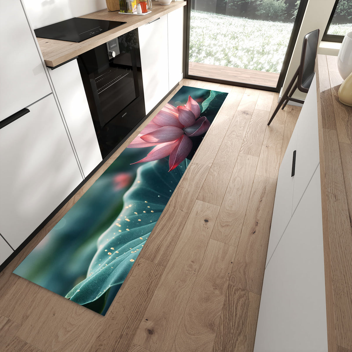 Hygienischer Küchenteppich mit Motiv Lotuszauber in moderner Küche - waschbar