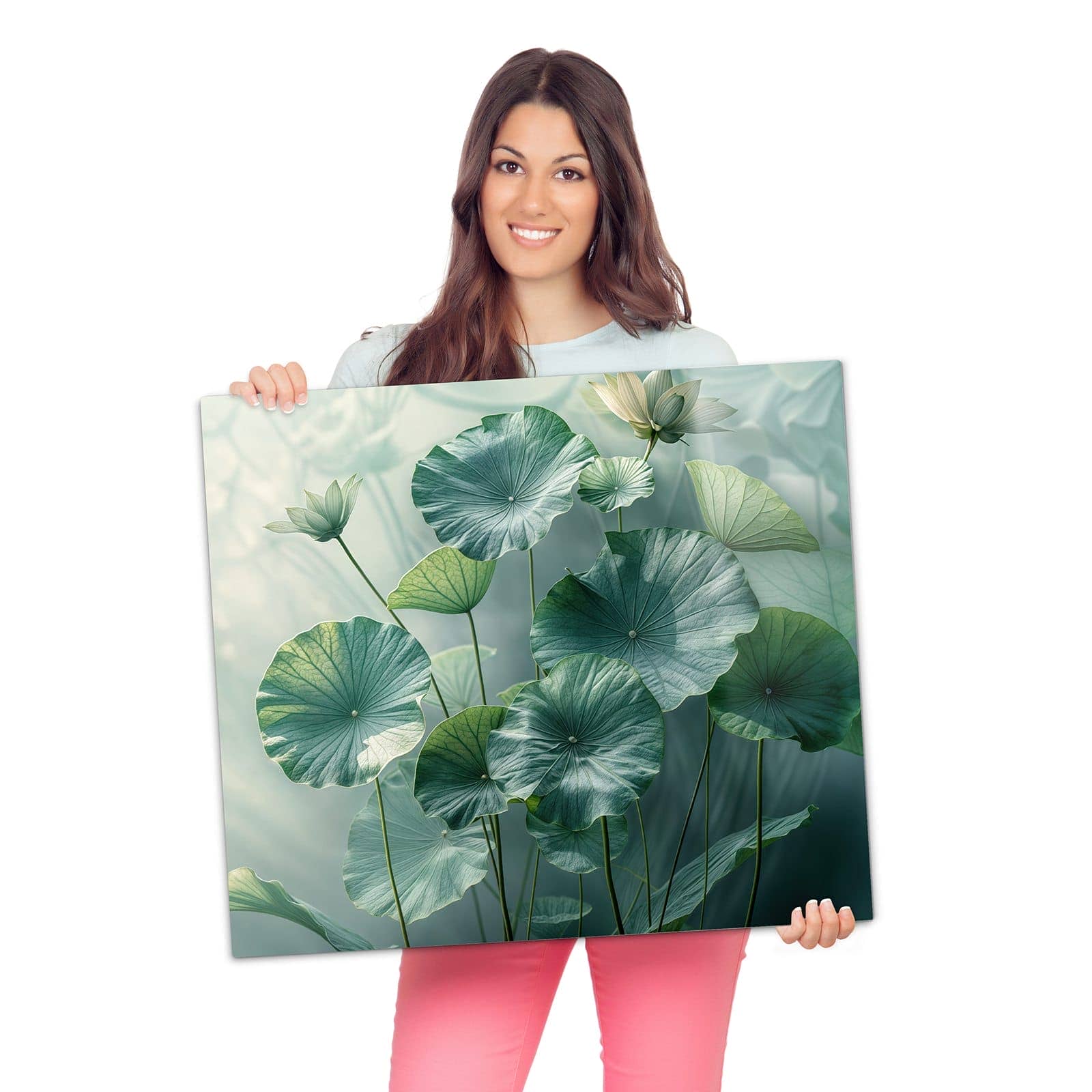 Herdabdeckplatte mit Lotusblätter Grün-Motiv wird zur Größendarstellung gehalten